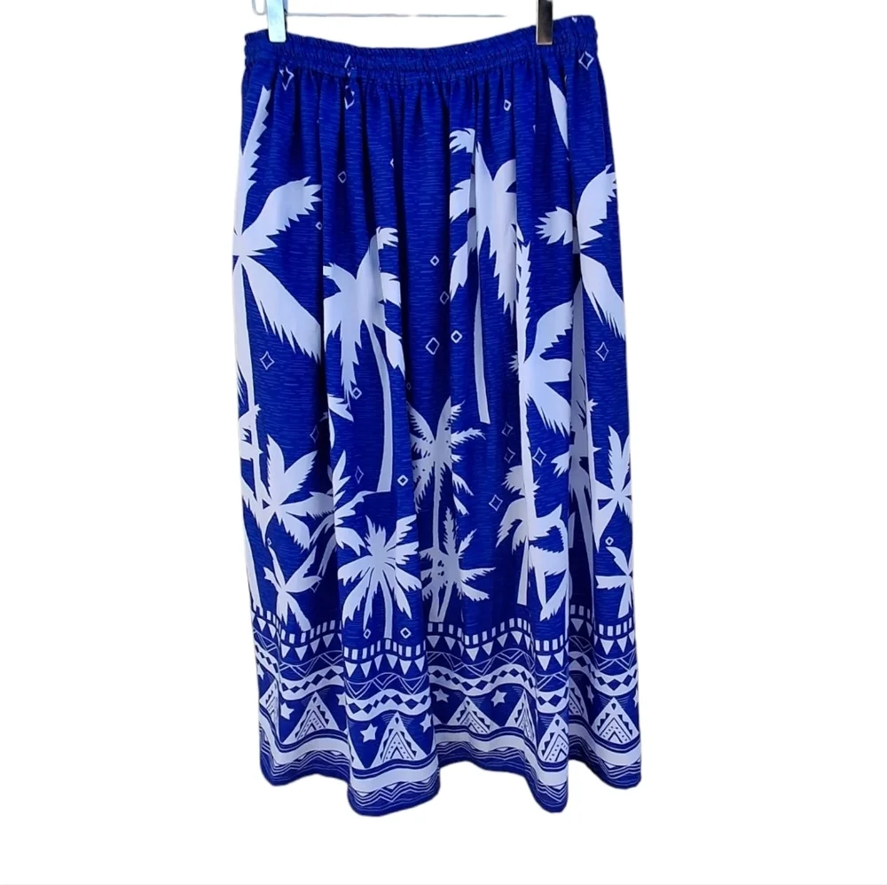 Gypsy Blu Palm Tree Print Blue White Drawstring Midi Maxi Skirt Women Size Large - Picture 3 of 16